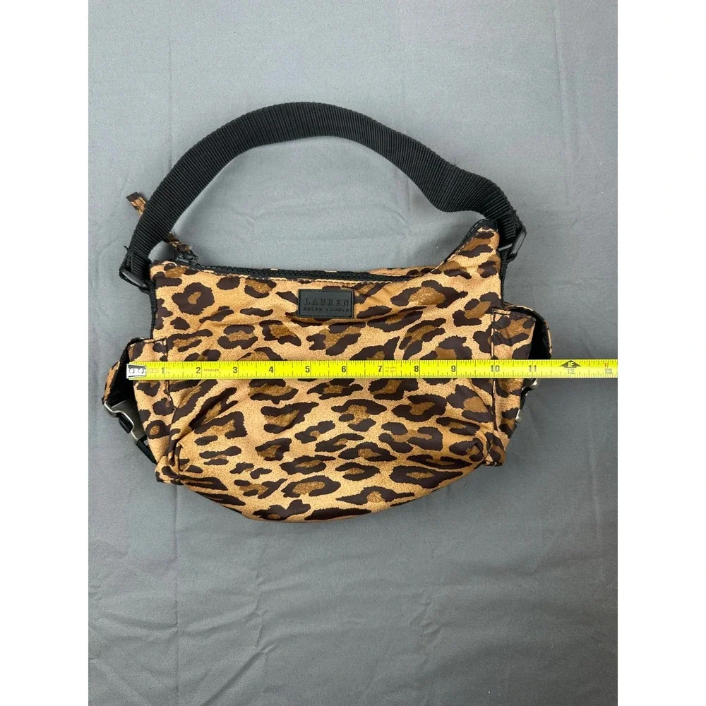 Lauren Ralph Lauren Leopard Print Shoulder Bag Black Strap Zip Close Nylon EUC!